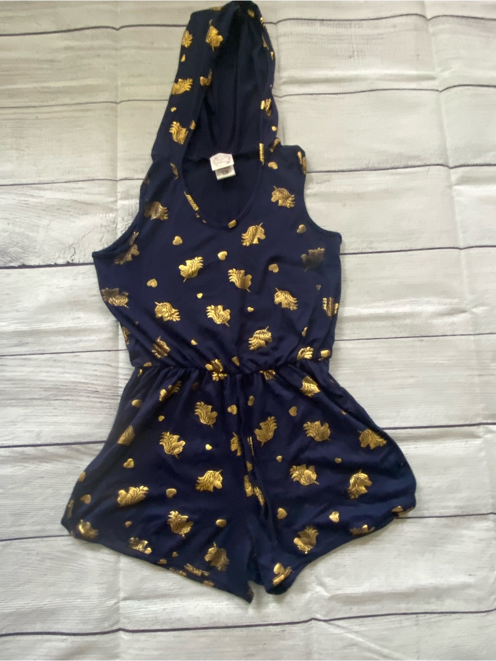 Girls Navy and Gold Hooded Romper